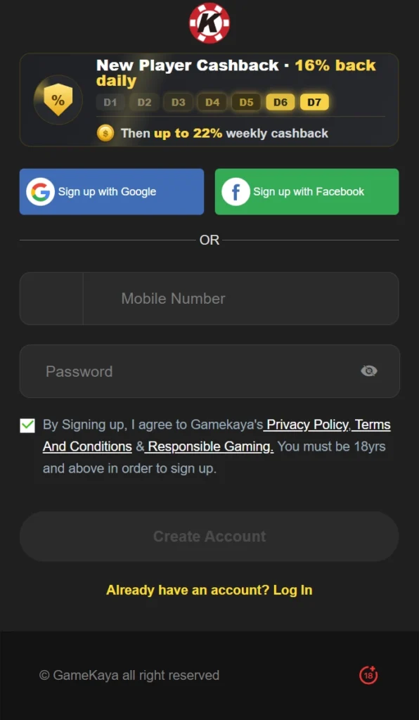 Registration form with mobile number and cashback