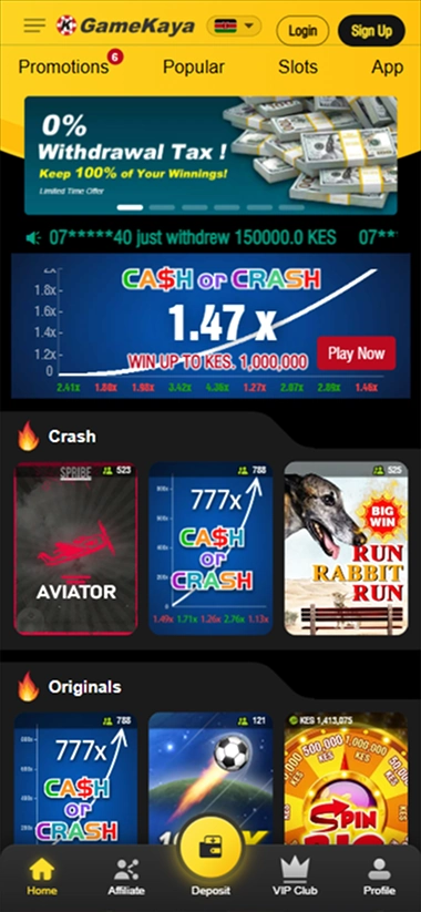 Mobile GameKaya home with Aviator and Crash